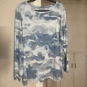Susan Graver Liquid Knit Blue Watercolor Cloud Print Top 2X Womens